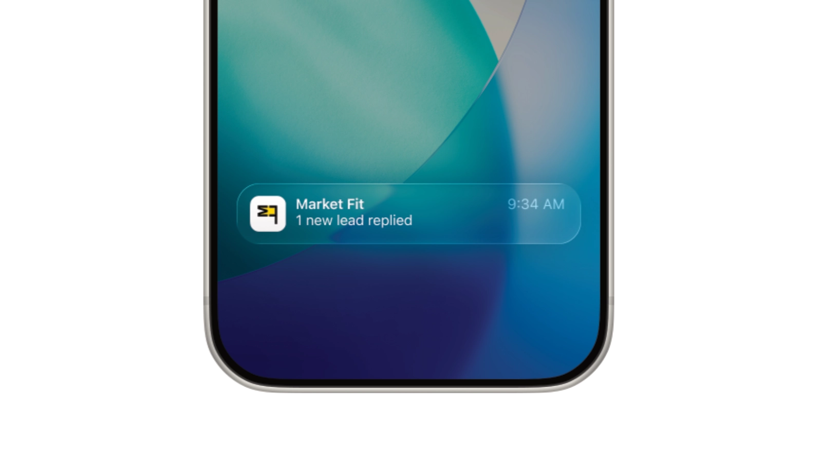 Mockup of an iPhone notification featuring the Market Fit flag logo mark